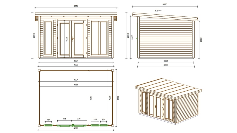 Casetta da giardino in legno Kira 4,04x3,09 m - 12 m2 - 34 mm
