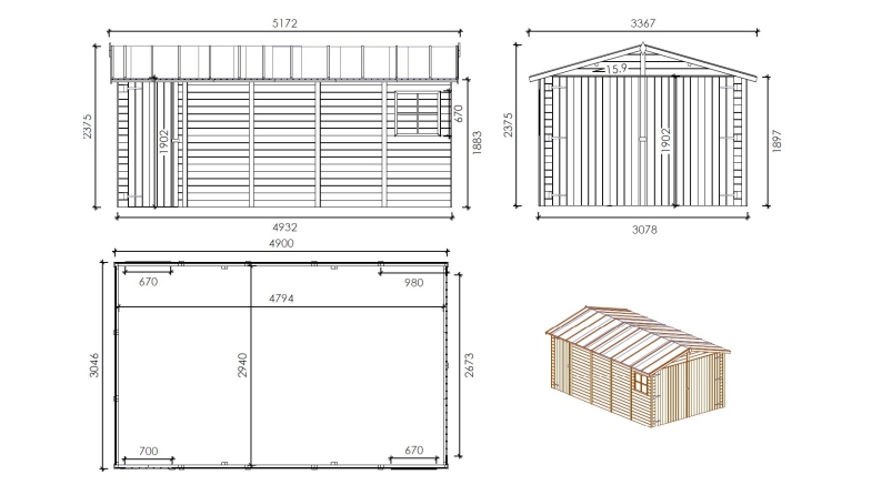 Garage in legno - 14.94m2 - 3.05x4.93m - 18mm - colore: marrone - impregnata