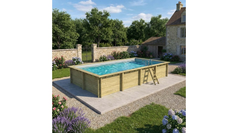 Piscina AQUA 8.5 x 4.35 - H.1.45 m, grigio, con supporti fissati al calcestruzzo