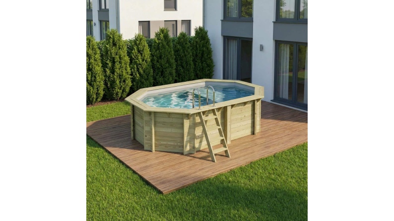 Piscina NEMO 4.3 x 3 – H.1.18 m con spiaggia, grigio, con supporti fissati al calcestruzzo