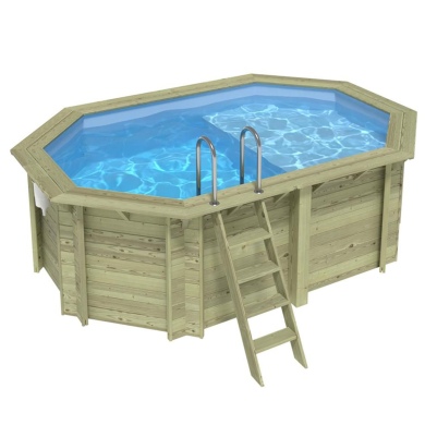 Piscina NEMO 4.3 x 3 – H.1.31 m con spiaggia, azzurro chiaro, con supporti fissati al calcestruzzo