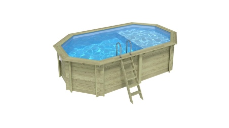 Piscina NEMO 5.79 x 3.49 – H.1.45 m con spiaggia, azzurro chiaro, con supporti fissati al calcestruzzo