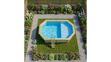 Piscina NEMO 5.79 x 3.49 – H.1.45 m con spiaggia, azzurro chiaro, con supporti fissati al calcestruzzo