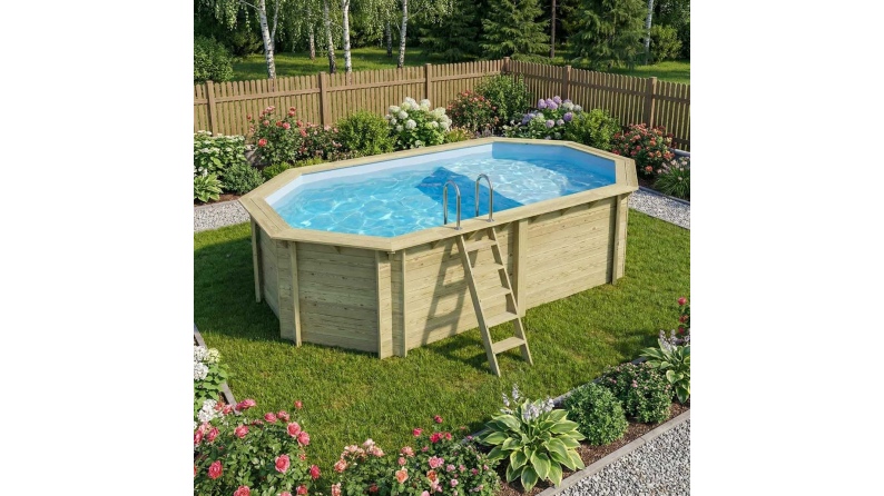 Piscina NEMO 5.79 x 3.49 – H.1.45 m con spiaggia, azzurro chiaro, con supporti da cementare