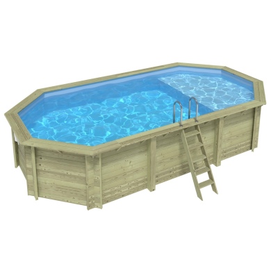 Piscina NEMO 7.3 x 3.97 – H.1.45 m con spiaggia, azzurro chiaro, con supporti fissati al calcestruzzo