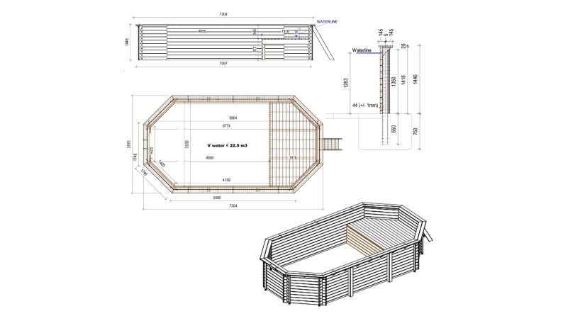 Piscina NEMO 7.3 x 3.97 – H.1.45 m con spiaggia, azzurro chiaro, con supporti fissati al calcestruzzo