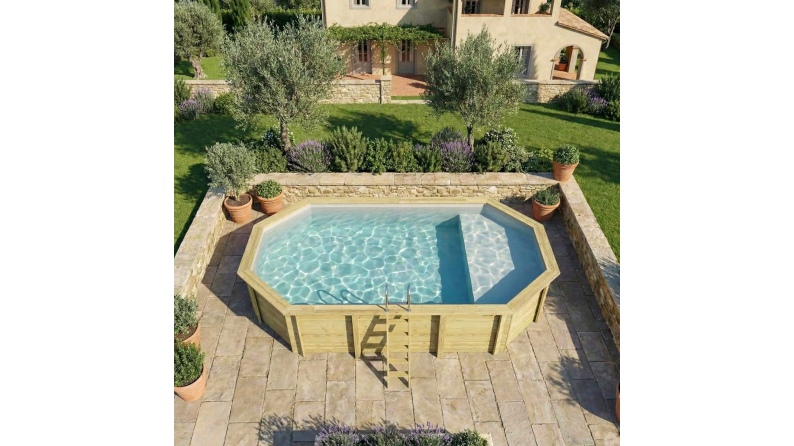 Piscina NEMO 7.3 x 3.97 – H.1.45 m con spiaggia, grigio, con supporti fissati al calcestruzzo