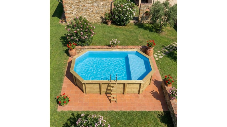 Piscina NEMO 7.3 x 3.97 – H.1.45 m con spiaggia, azzurro chiaro, Su telaio - senza cementazione