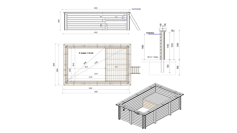 Piscina AQUA 4.65 x 2.85 – H.1.24 m con spiaggia, sabbia, con supporti da cementare