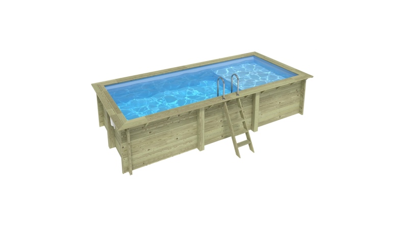 Piscina AQUA 6.1 x 2.85 – H.1.31 m con spiaggia, azzurro chiaro, con supporti fissati al calcestruzzo