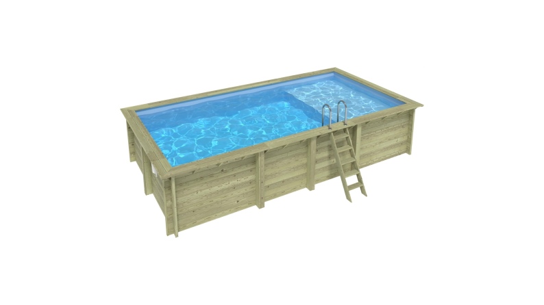 Piscina AQUA 7 x 3.75 – H.1.45 m con spiaggia, azzurro chiaro, con supporti fissati al calcestruzzo