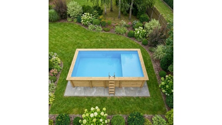 Piscina AQUA 7 x 3.75 – H.1.45 m con spiaggia, azzurro chiaro, con supporti fissati al calcestruzzo