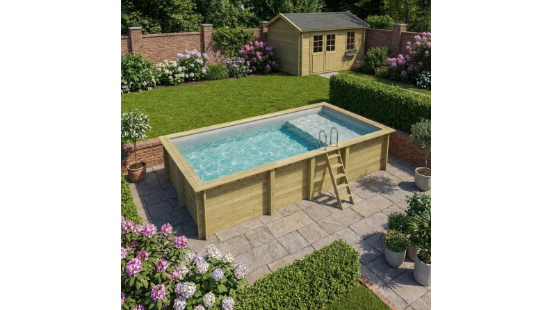 Piscina AQUA 7 x 3.75 – H.1.45 m con spiaggia, grigio, Su telaio - senza cementazione