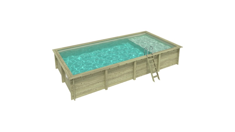Piscina AQUA 8.5 x 4.35 – H.1.45 m con spiaggia, sabbia, con supporti da cementare