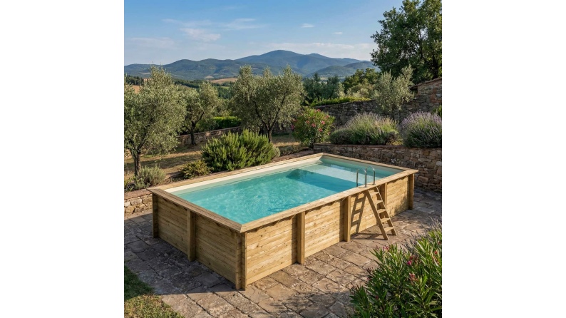 Piscina AQUA 8.5 x 4.35 – H.1.45 m con spiaggia, sabbia, con supporti da cementare