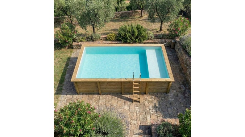 Piscina AQUA 8.5 x 4.35 – H.1.45 m con spiaggia, sabbia, con supporti da cementare