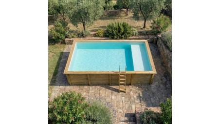 Piscina AQUA 8.5 x 4.35 – H.1.45 m con spiaggia, sabbia, con supporti da cementare