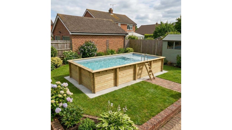 Piscina AQUA 8.5 x 4.35 – H.1.45 m con spiaggia, grigio, con supporti fissati al calcestruzzo