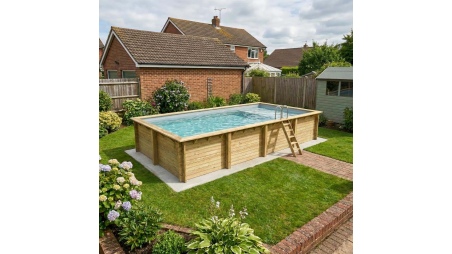 Piscina AQUA 8.5 x 4.35 – H.1.45 m con spiaggia, grigio, con supporti fissati al calcestruzzo