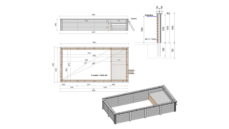 Piscina AQUA 8.5 x 4.35 – H.1.45 m con spiaggia, sabbia, con supporti fissati al calcestruzzo