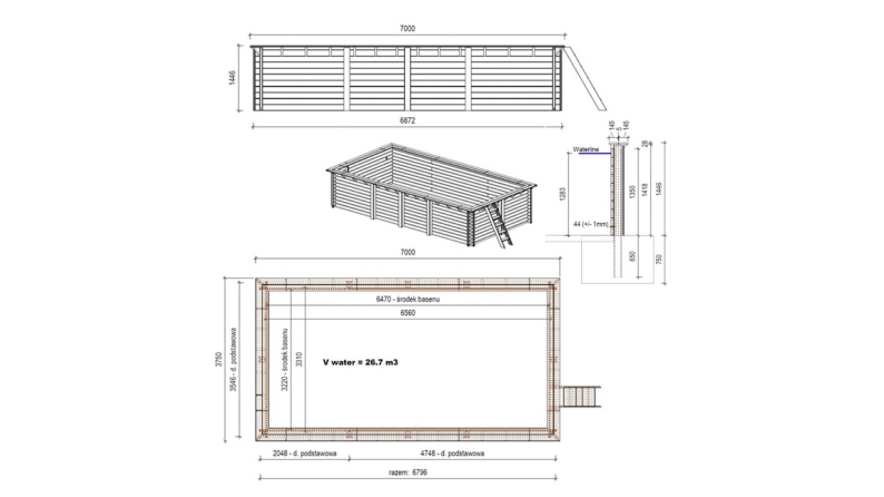Piscina AQUA 7 x 3.75 - H.1.45 m, grigio, con supporti da cementare