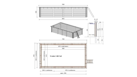 Piscina AQUA 7 x 3.75 - H.1.45 m, grigio, con supporti da cementare