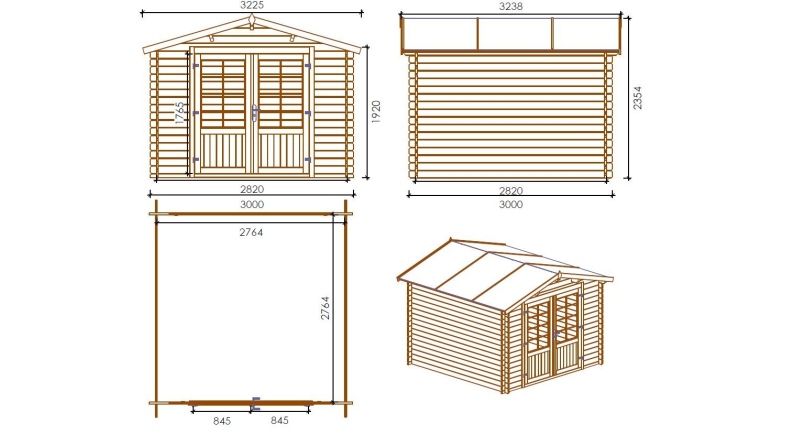 Casetta da giardino in legno con veranda e tettoia - 15m2 - 3x3m - impregnata - 28mm - colore: marrone