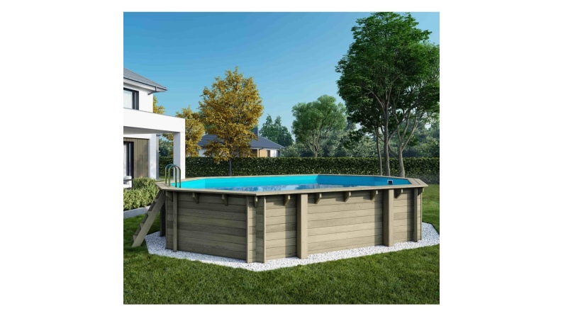 Piscina in legno Sao Paulo 6.57 x 4.07 - H.1.2 m, azzurro chiaro, con supporti fissati al calcestruzzo