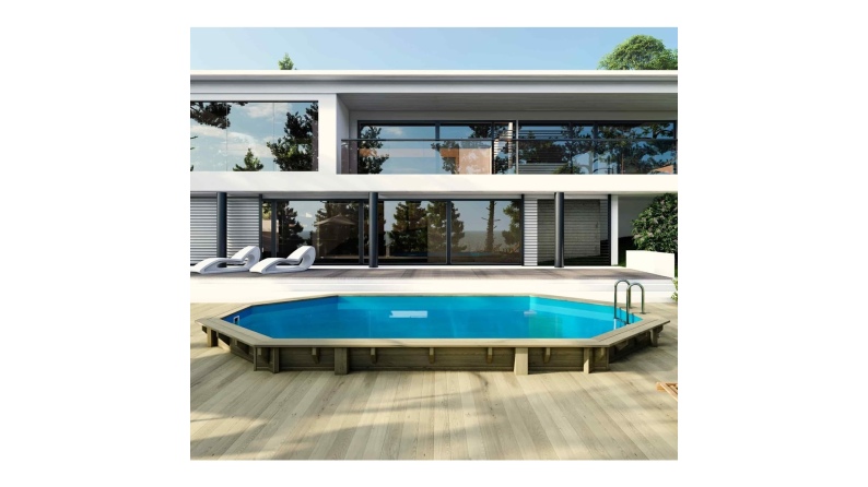 Piscina in legno Sao Paulo 6.57 x 4.07 - H.1.2 m, azzurro chiaro, con supporti fissati al calcestruzzo