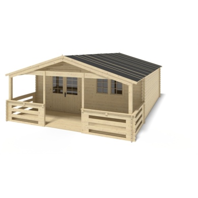 Casetta da giardino in legno con veranda e tettoia - 48m2 - 6x6m - 40mm - colore: naturale