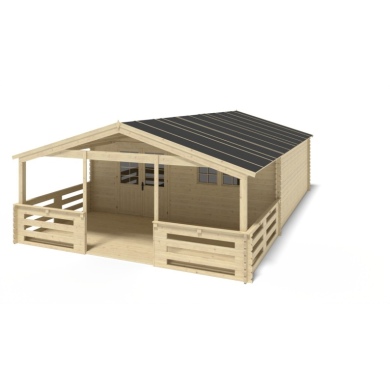 Casetta da giardino in legno con veranda e tettoia - 54m2 - 6x6m - 40mm - colore: naturale