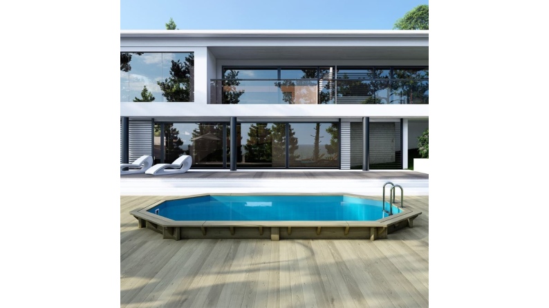 Piscina in legno NEMO 5.79 x 3.49 - H.1.45 m, azzurro chiaro, con supporti fissati al calcestruzzo