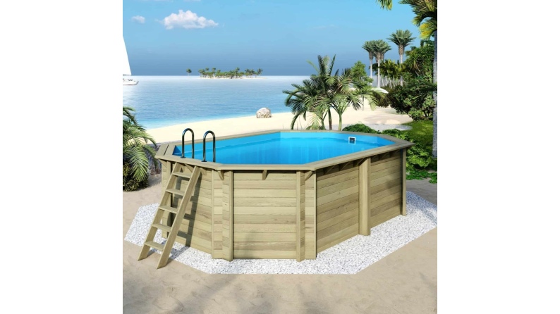 Piscina in legno NEMO 5.79 x 3.49 - H.1.45 m, azzurro chiaro, Su telaio - senza cementazione
