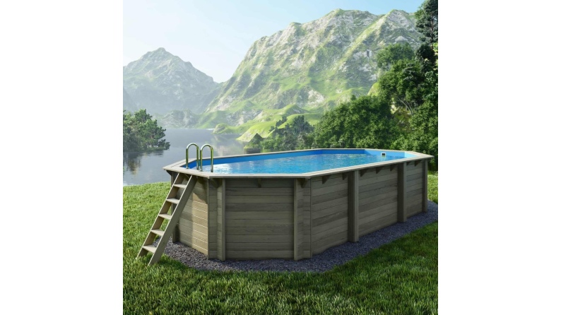 Piscina in legno NEMO 7.3 x 3.97 - H.1.45 m, azzurro chiaro, Su telaio - senza cementazione