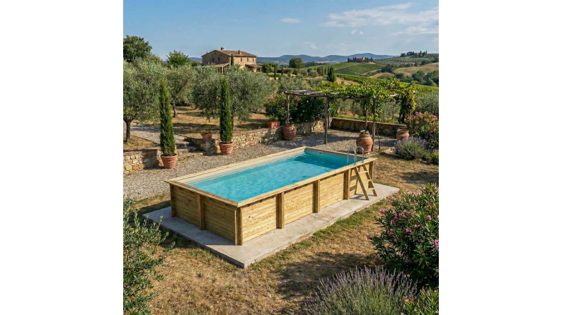 Piscina in legno AQUA 8.5 x 4.35 - H.1.45 m, sabbia, con supporti fissati al calcestruzzo