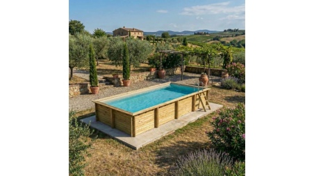 Piscina in legno AQUA 8.5 x 4.35 - H.1.45 m, sabbia, con supporti fissati al calcestruzzo