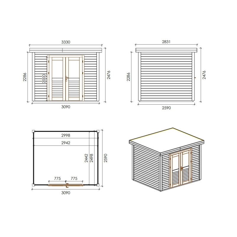 Casetta da giardino in legno  3.09x2.59 m - 8 m2 - 28 mm - impregnata
