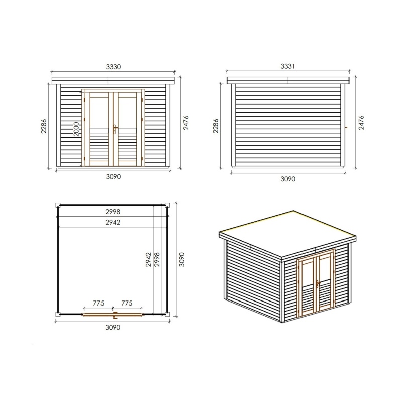 Casetta da giardino in legno  3.09x3.09 m - 9.55 m2 - 28 mm - impregnata