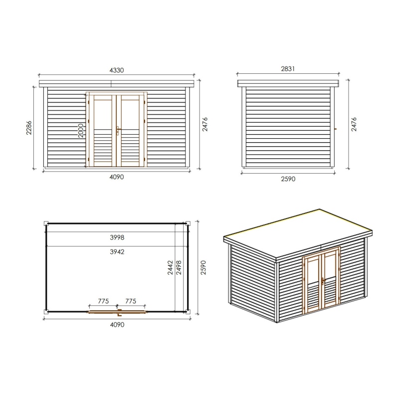 Casetta da giardino in legno  4.09x2.59 m - 10.59 m2 - 28 mm - impregnata