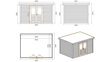 Casetta da giardino in legno Freya 4.09x3.09 m - 12.64 m2 - 28 mm - impregnata