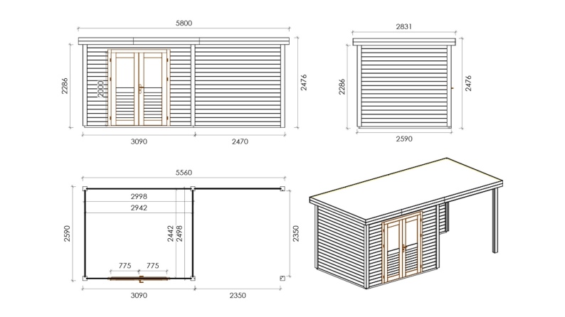Casetta da giardino in legno Aura 5.56x2.59 m - 14.4 m2 - 28 mm - impregnata
