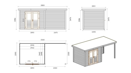 Casetta da giardino in legno Aura 5.56x2.59 m - 14.4 m2 - 28 mm - impregnata