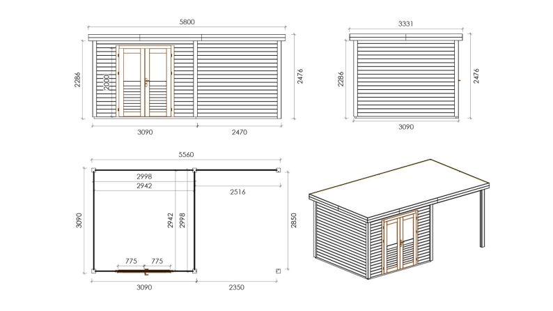 Casetta da giardino in legno Aura 3.09x3.09 m - 17.18 m2 - 28 mm - impregnata