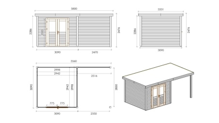 Casetta da giardino in legno Aura 3.09x3.09 m - 17.18 m2 - 28 mm - impregnata