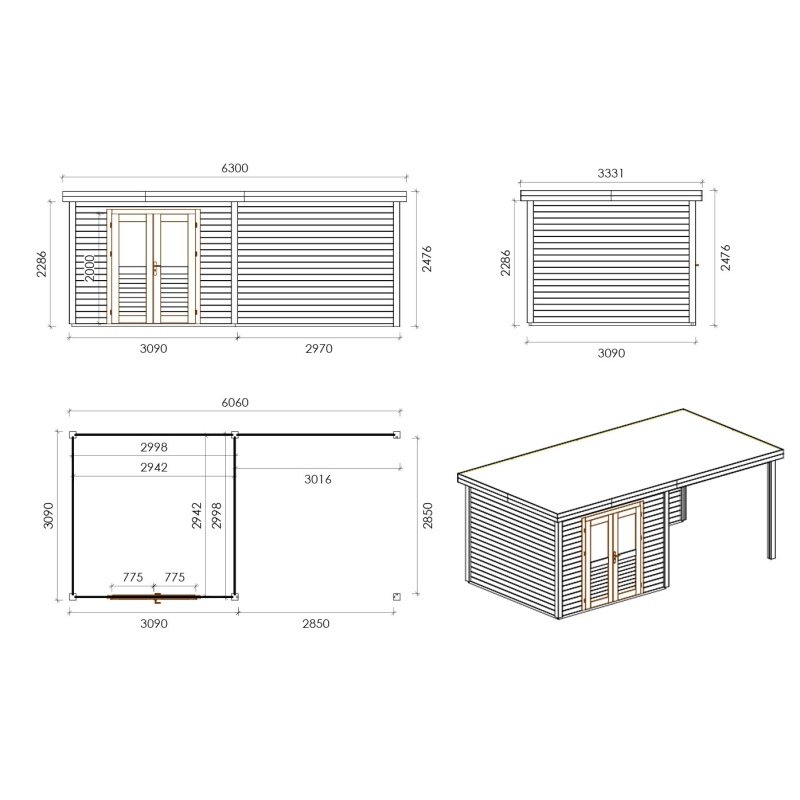 Casetta da giardino in legno Aura 6.06x3.09 m - 18.72 m2 - 28 mm - impregnata