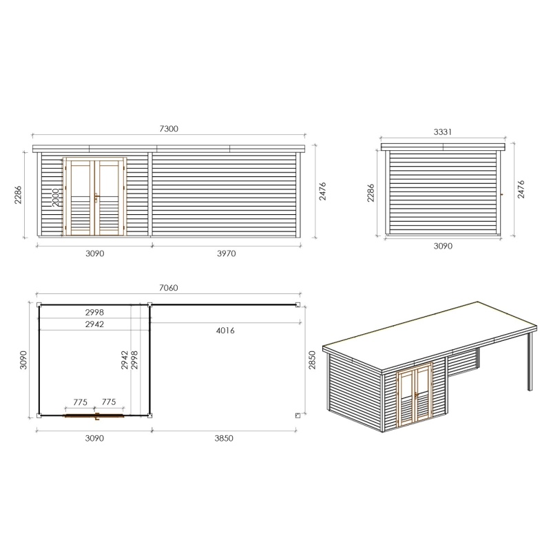 Casetta da giardino in legno Aura 7.06x3.09 m - 21.81 m2 - 28 mm - impregnata
