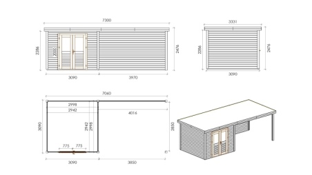 Casetta da giardino in legno Aura 3.09x3.09 m - 21.81 m2 - 28 mm - impregnata