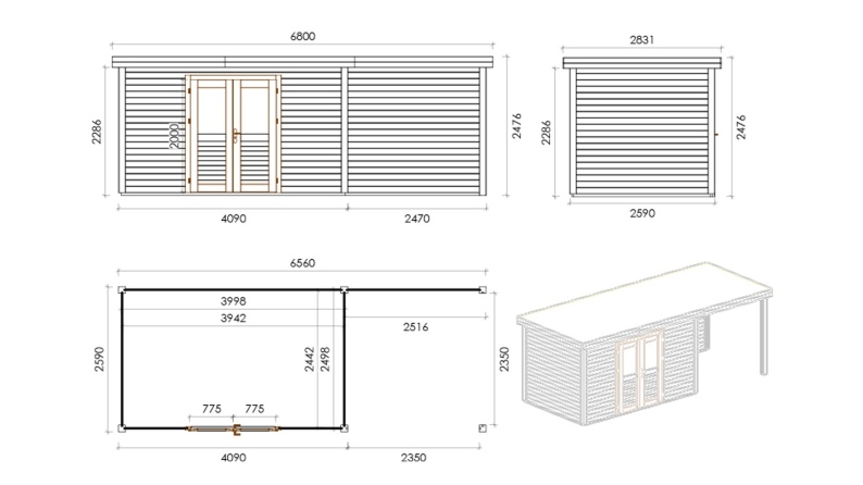 Casetta da giardino in legno Freya 4.09x2.59 m - 17 m2 - 28 mm - impregnata