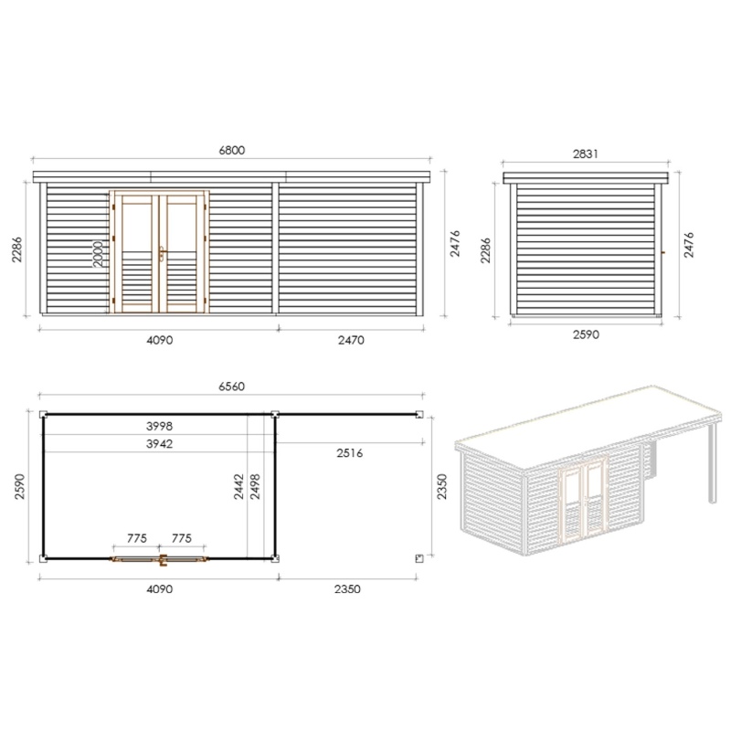 Casetta da giardino in legno Freya 6.56x2.59 m - 17 m2 - 28 mm - impregnata