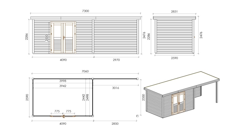 Casetta da giardino in legno Freya 4.09x2.59 m - 18.28 m2 - 28 mm - impregnata